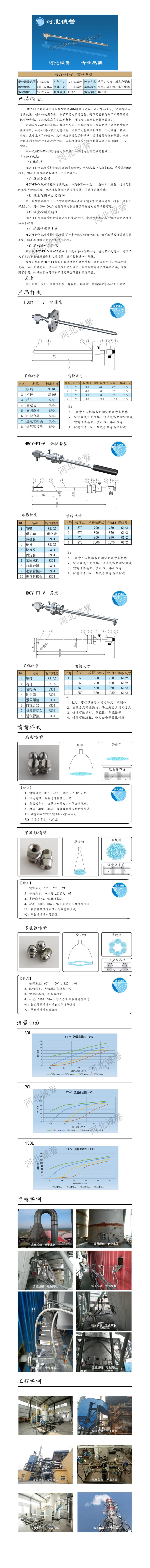 FT-V脫硝噴槍、保護(hù)套、噴槍參數(shù)、材質(zhì)尺寸、流量分布圖、扇形空心錐俯視圖介紹，以及噴槍霧化視頻展示和工程案例介紹
